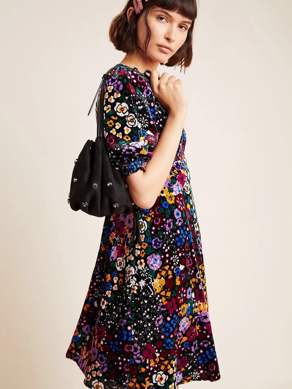 Anthropologie Francis floral velvet puff sleeve a-line dress - Picture 3 of 13
